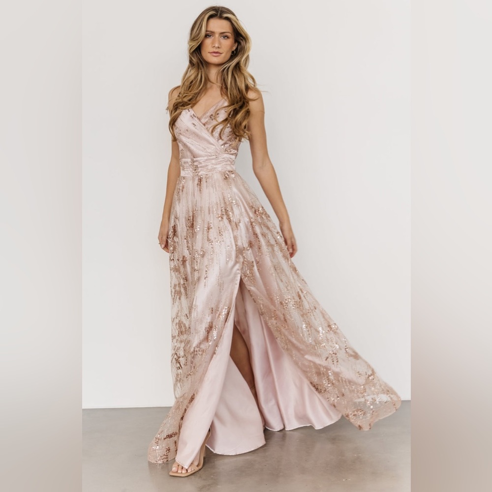 Baltic Born new adele sequin rose gold gown with slit